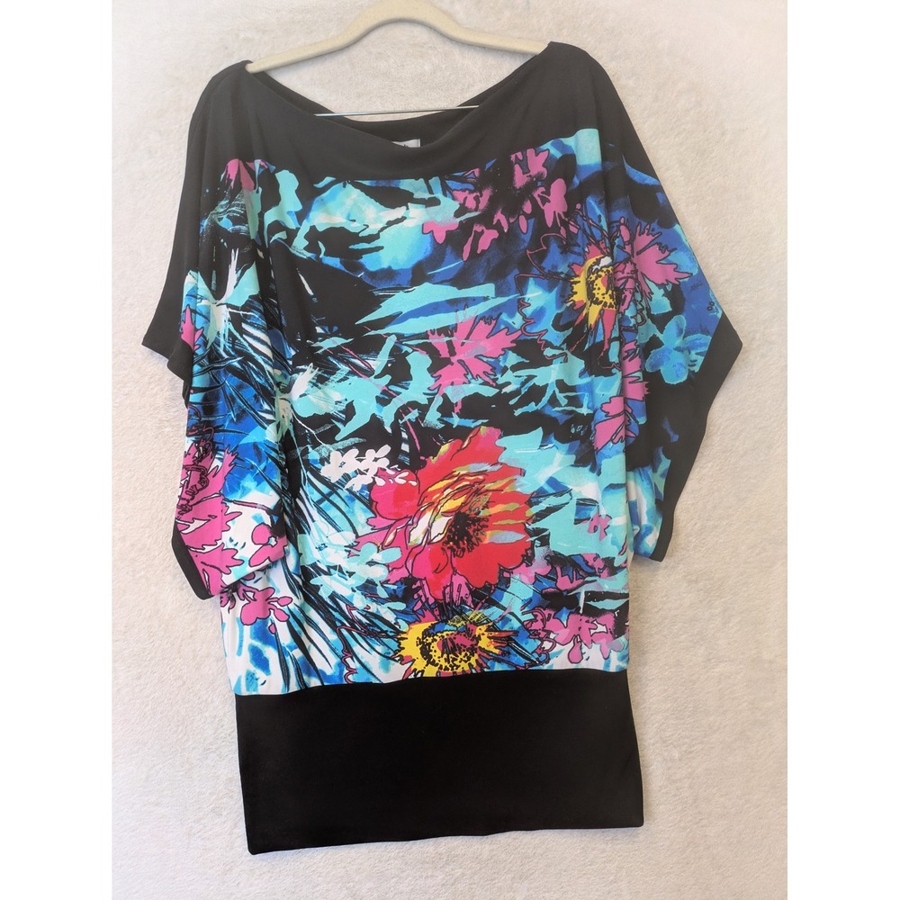 Cache Tunic Top Women's XS Black Floral Batwing Sleeve Boat Neck Banded Hem